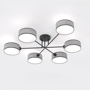 Lampada a sospensione Maga a sei bracci in acciaio nero e tessuto grigio