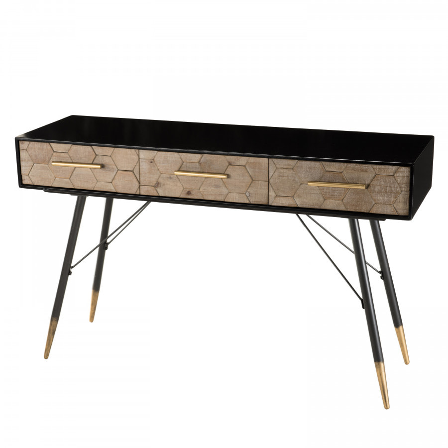 DALIE - Console noire 3 tiroirs scandi bois Sapin marqueté pieds métal doré