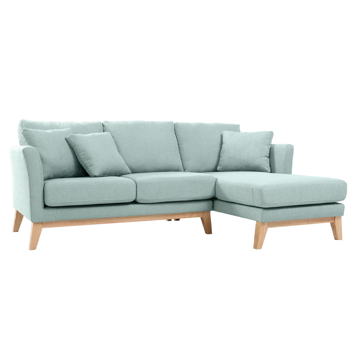 Canapé d'angle droit déhoussable scandinave 4 places en tissu vert lagon et bois clair OSLO