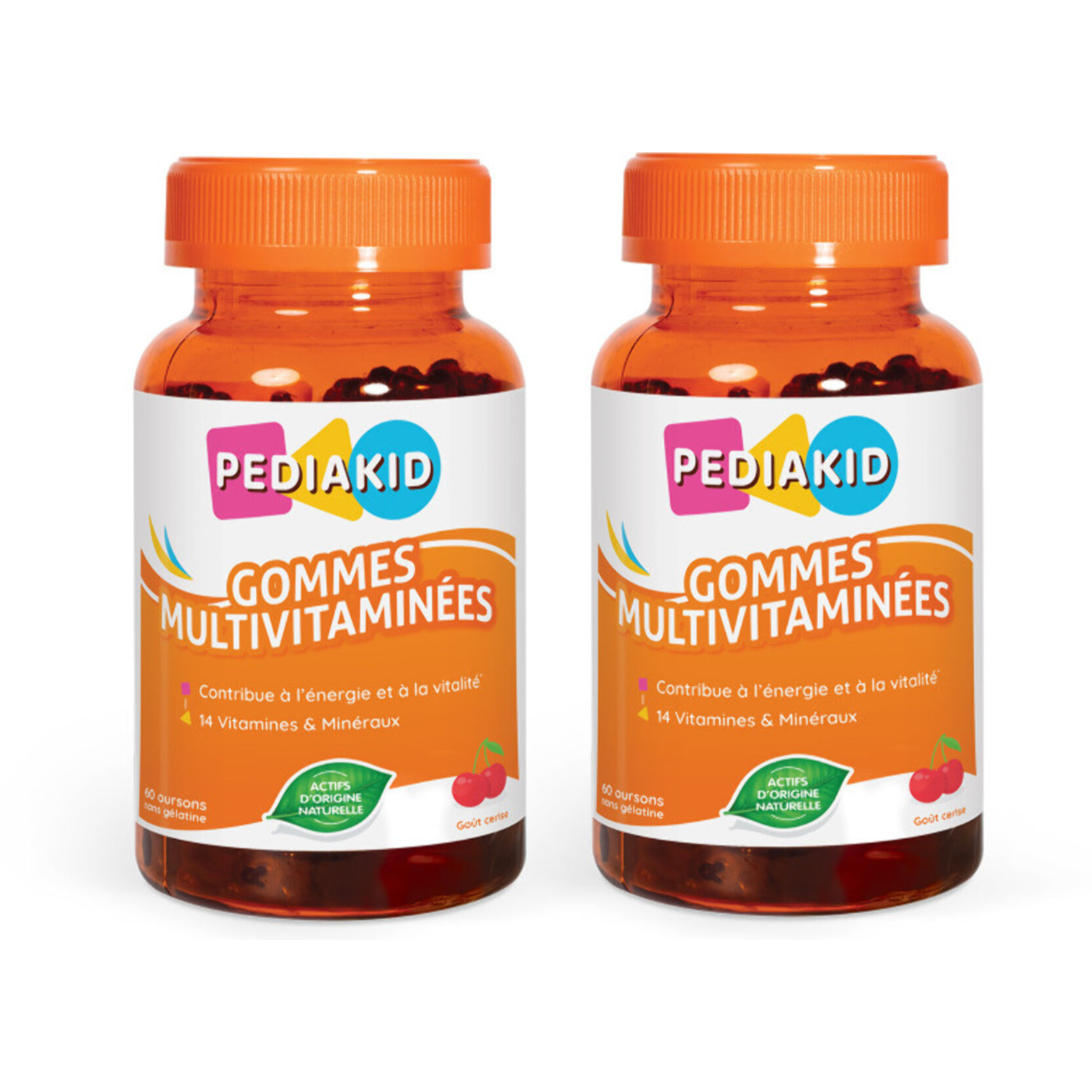 PEDIAKID - Gommes Multivitaminées - Formule Naturelle au Délicieux Arôme de Cerise - Contribue à la Réduction de la Fatigue - Soutient les Défenses Naturelles de l'Organisme - Lot de 2 piluliers
