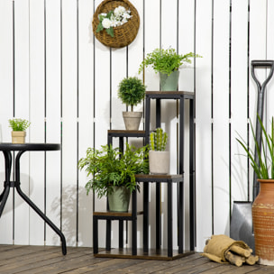 Support à fleurs style industriel 5 niveaux - porte plante 4 étagères - acier époxy noir aspect bois foncé