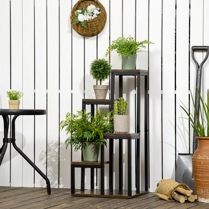 Support à fleurs style industriel 5 niveaux - porte plante 4 étagères - acier époxy noir aspect bois foncé