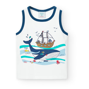 Camiseta niño, algodón, tirantes, estampada, blanco