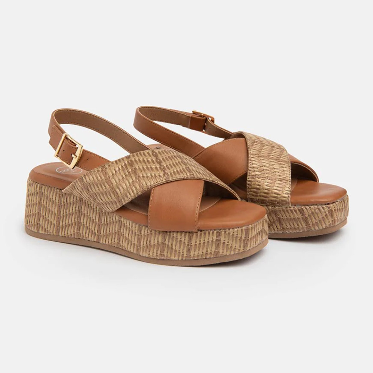 Sandalo con fascia incrociata in paglia e cinturino - CAMMELLO