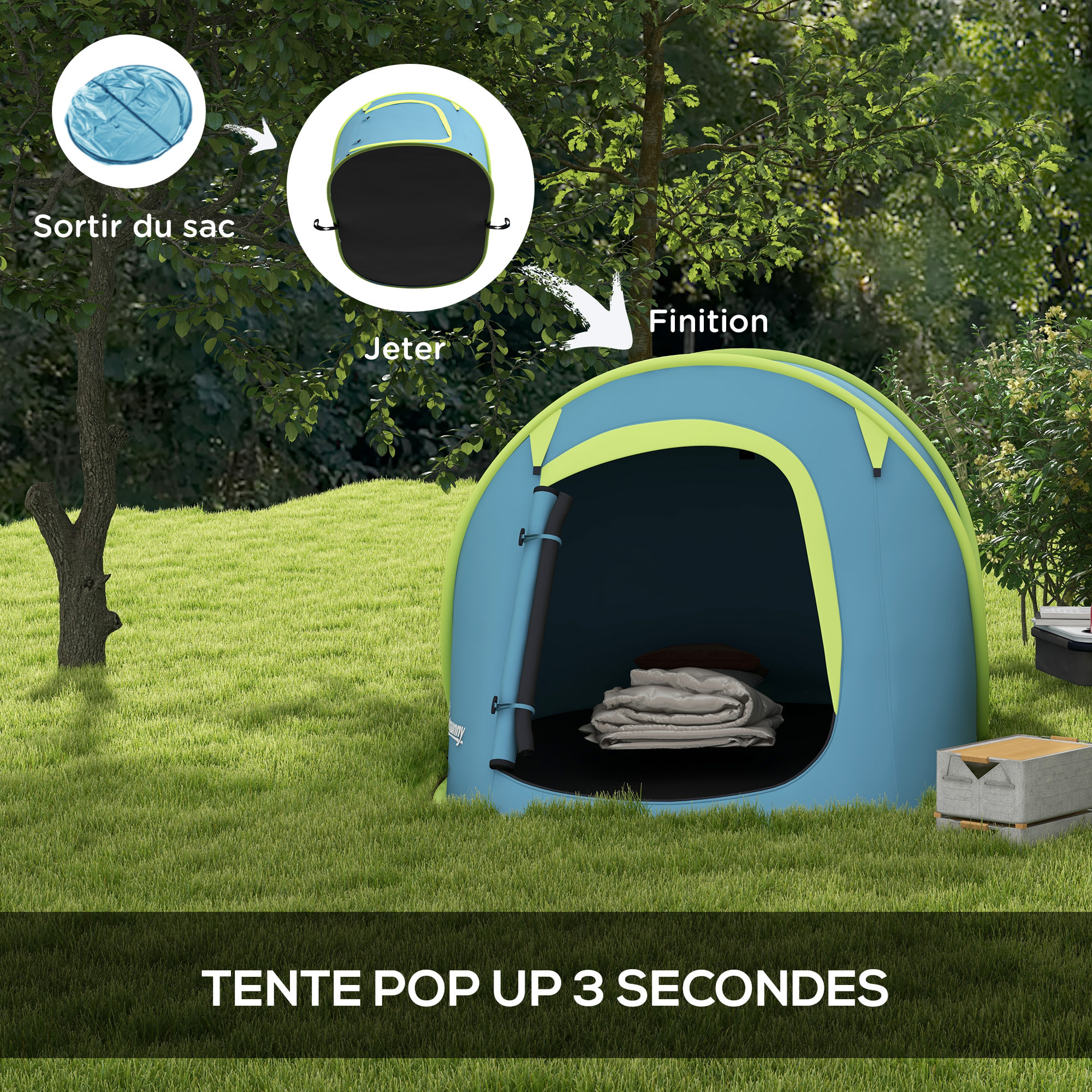 Tente de camping automatique pop-up 2-3 pers. étanchéité 2000 mm sac bleu