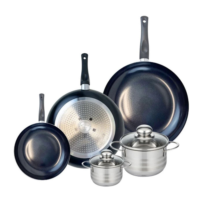 Ensemble de 3 Poêles de cuisson 20, 28 et 32 cm et 2 faitouts 12 et 16 cm Elo Prima Brillant