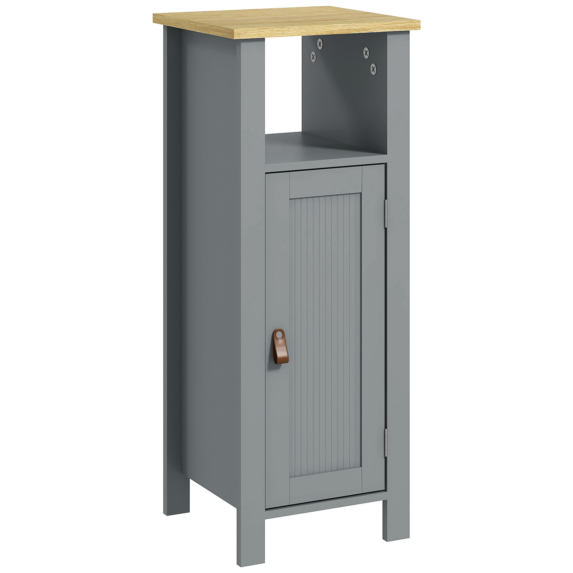 Meuble bas de salle de bain sur pied porte 2 étagères niche plateau aspect bois clair gris