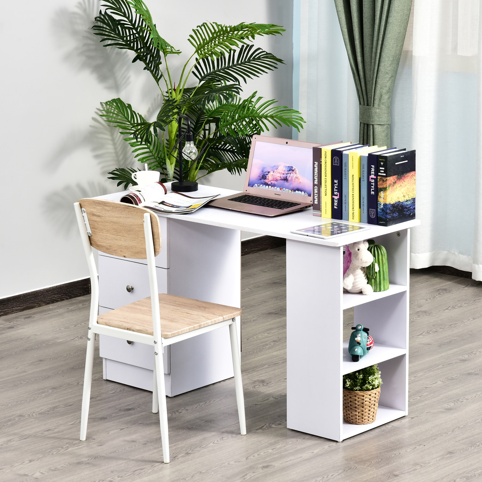 Bureau informatique multimédia multi-rangements 3 tiroirs 2 étagères 120L x 49l x 72H cm blanc