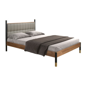 Cama Angel Cerdá de matrimonio con un cabecero en polipiel en gris oscuro y estructura de madera chapada en nogal natural y patas de madera de MDF en negro 160x215x112cm