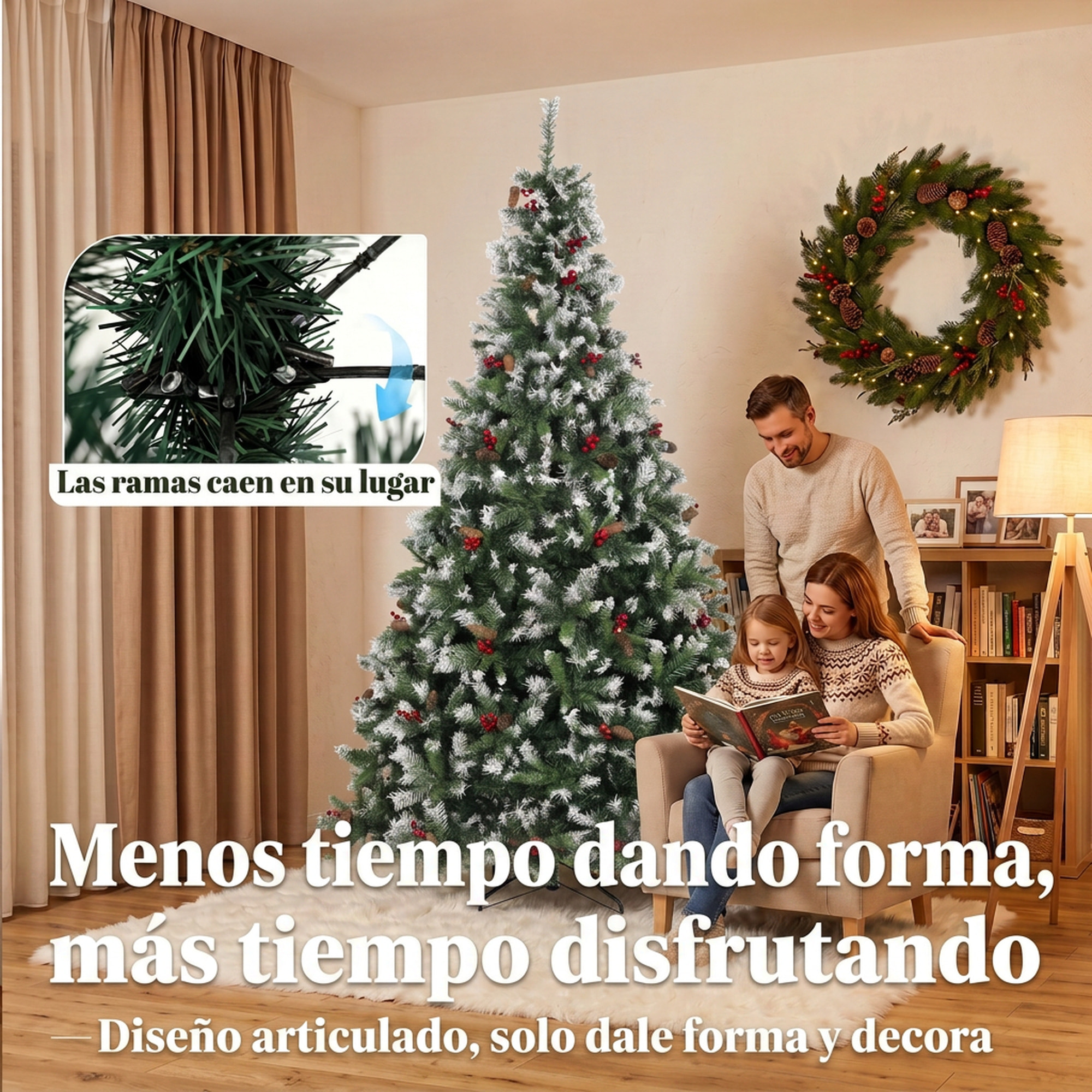 HOMCOM Árbol de Navidad 240 cm, Árbol de Navidad Artificial Nevado con 1773 Ramas, Bayas Rojas, Piñas, Base de Acero Plegable, Montaje Rápido, Decoración Navideña para Salón, Interior, Verde