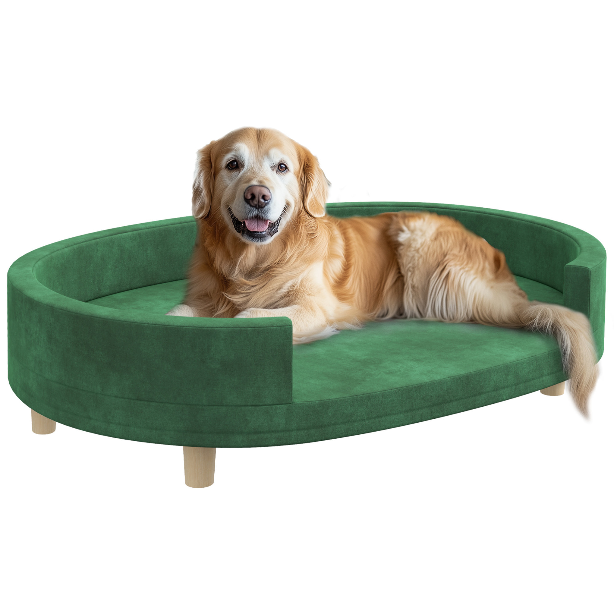 Canapé chien style nordique grande taille dim. 100L x 70l x 25H cm  - coussin amovible - piètement bois velours vert