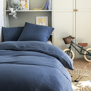 Housse de couette unie en gaze de coton, TENDRESSE, Bleu de Chine