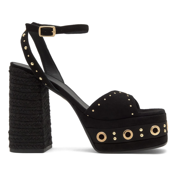 Sandalia Fruamba en ante con tachuelas y tacón de yute tintado