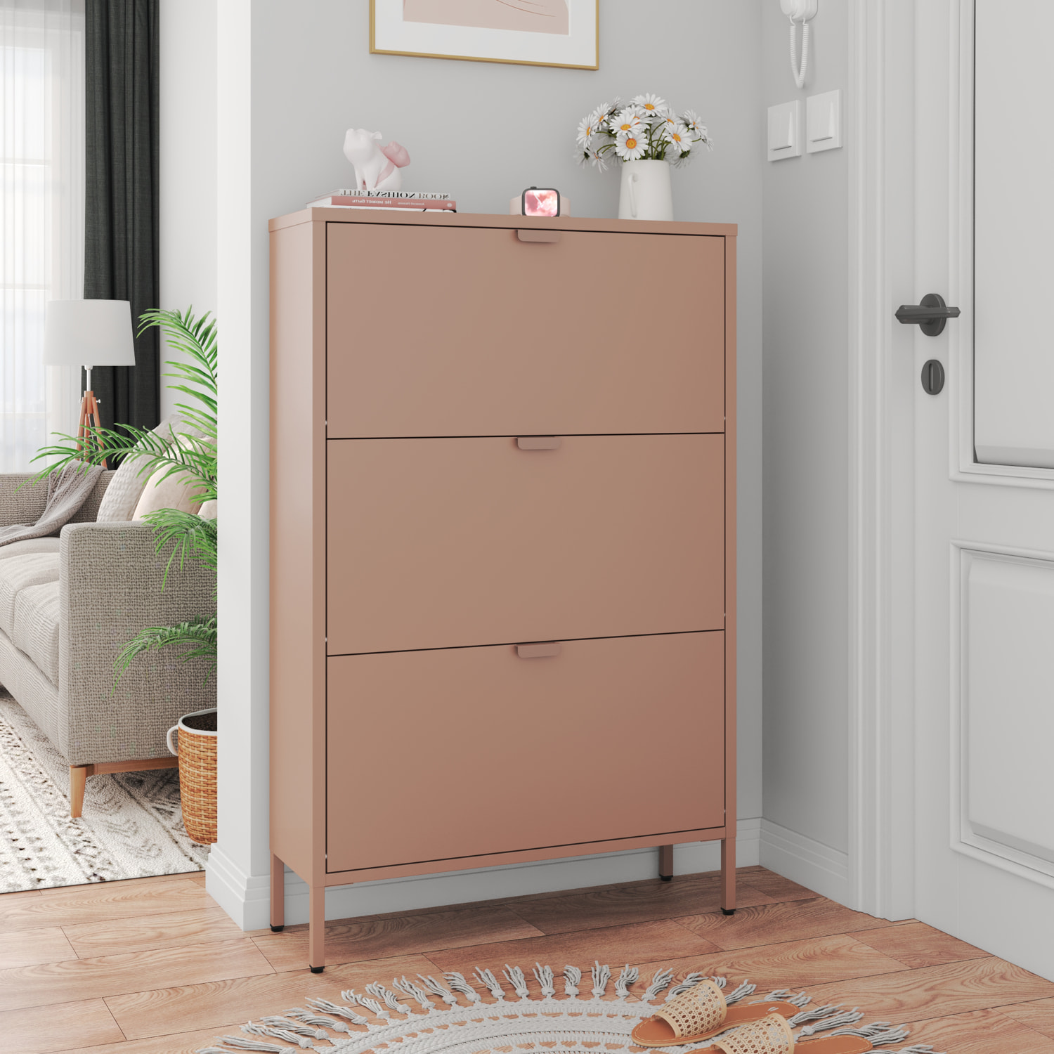 Meuble à chaussures 3 portes en métal vieux rose MARION