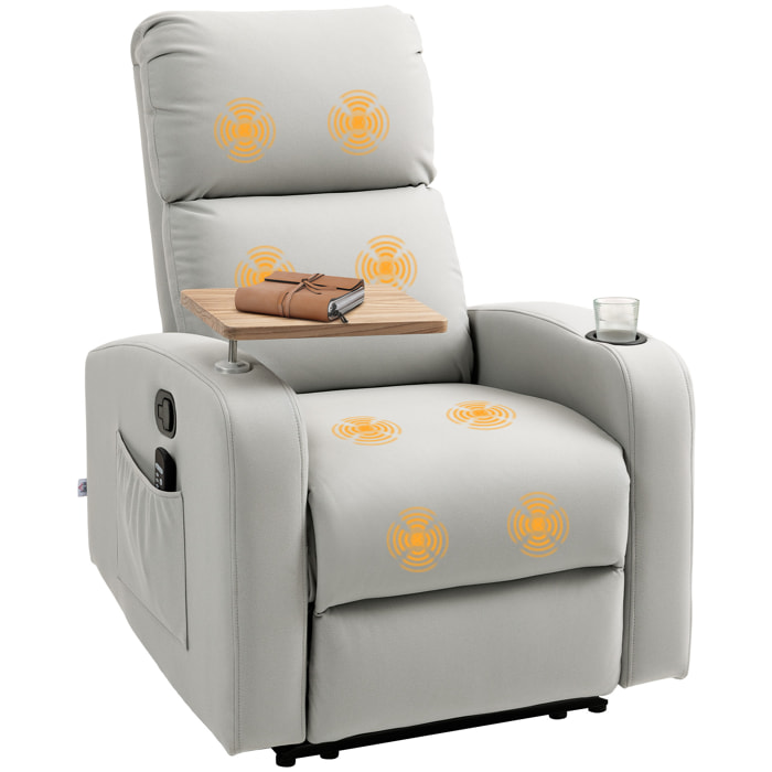 Sillón de Masaje con 8 Puntos de Masaje Sillón Relax Eléctrico Sofá Relax con 4 Modos Reclinación 145° Mando a Distancia Mesita 2 Bolsillos Laterales y Posavasos 77x93x105 cm Gris Claro