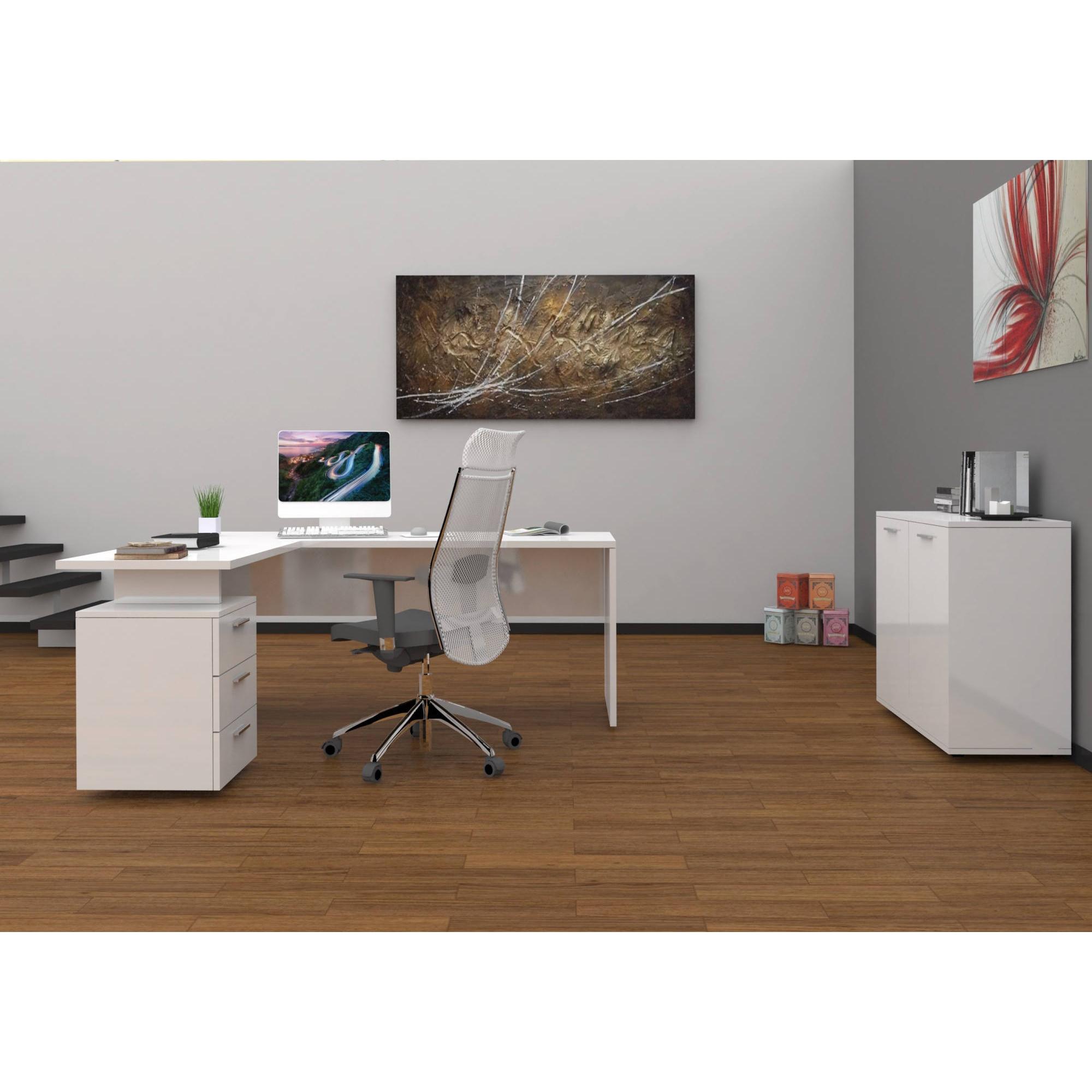 Scrivania ad angolo, Made in Italy, Tavolo da computer minimal, Scrittoio porta PC, cm 160x60h75, colore Bianco lucido