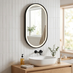 Miroir LED ovale 40 x 80 cm avec cadre aluminium noir et capteur tactile SAT (SATZOVLED4080CE)
