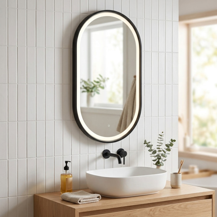 Miroir LED ovale 40 x 80 cm avec cadre aluminium noir et capteur tactile SAT (SATZOVLED4080CE)