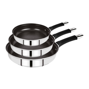 Juego de 3 Sartenes Ø18Ø20Ø24cm en acero inoxidable y mangos de silicona