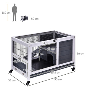 Jaula para Conejos de Madera 90x53x59 cm Conejera para Mascotas Pequeñas Portátil Interior con Techo Abrible Rampa Bandeja Extraíble para Conejillos de Indias Gris y Blanco