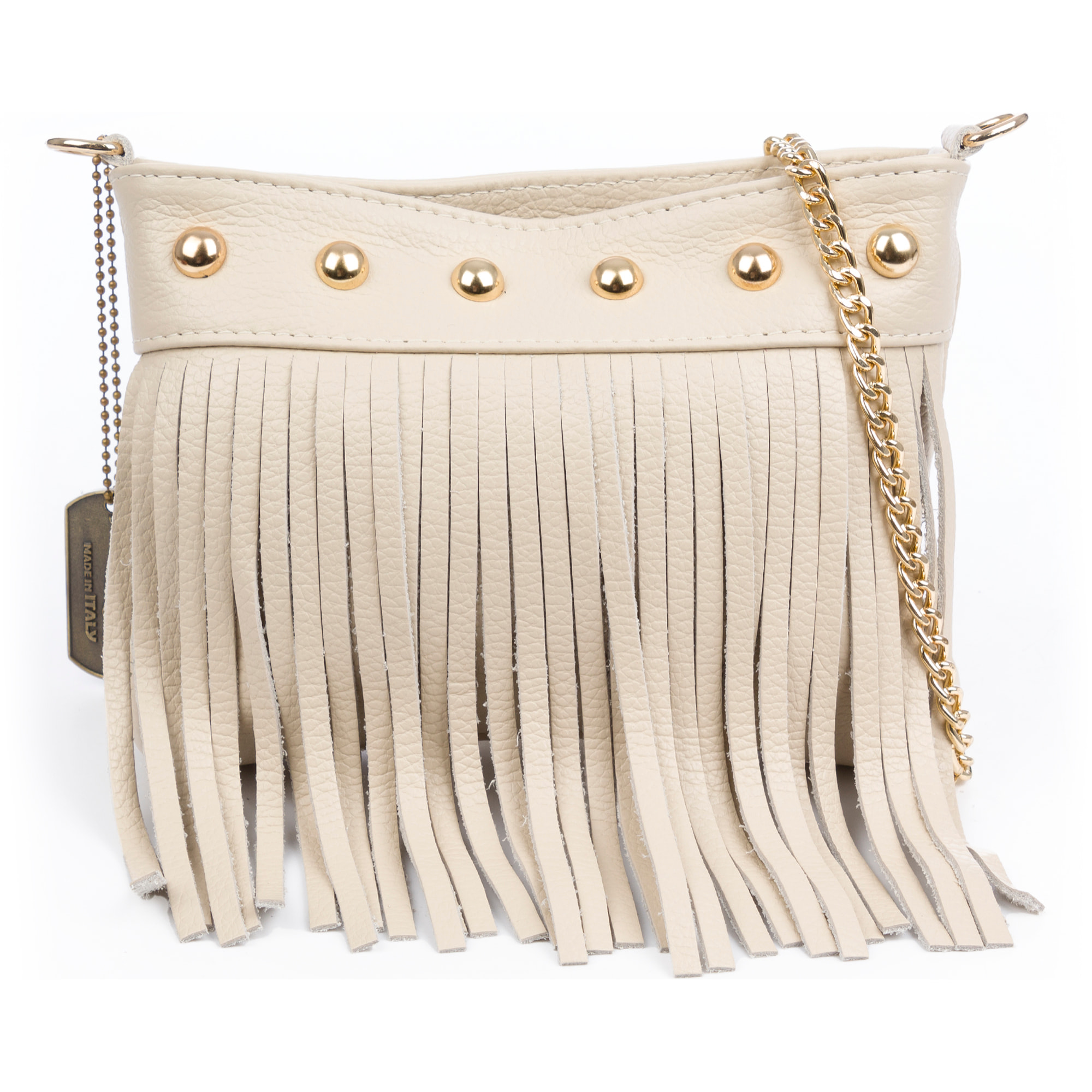 Bedulita Bolso bandolera Mujer. Piel auténtica Dollaro con flecos y detalles metálicos.