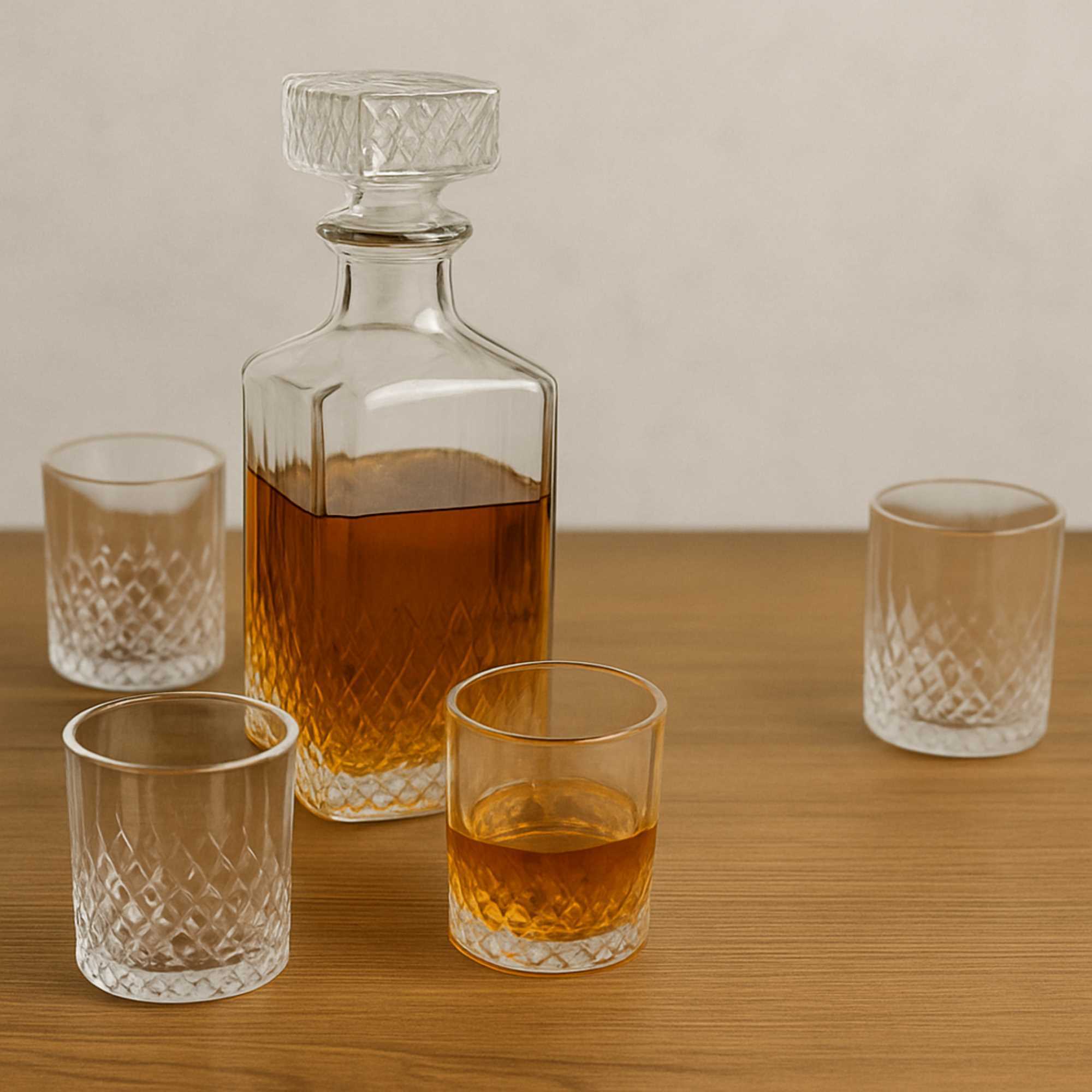 Set de vaso decantador elegante con tapas de cristal y vasos a juego