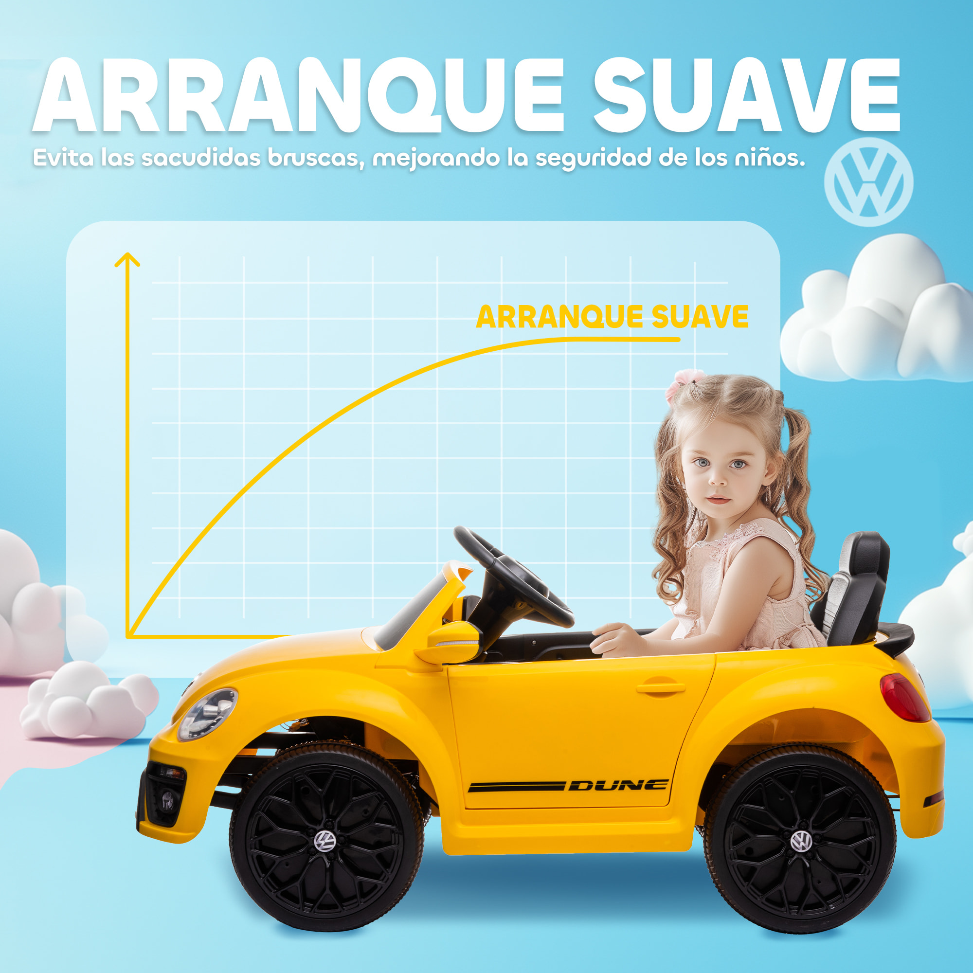 Coche Eléctrico para Niños de +3 Años Volkswagen Beetle Carro Eléctrico Infantil con Batería 12V Mando a Distancia Faros Bocina y Música Amarillo