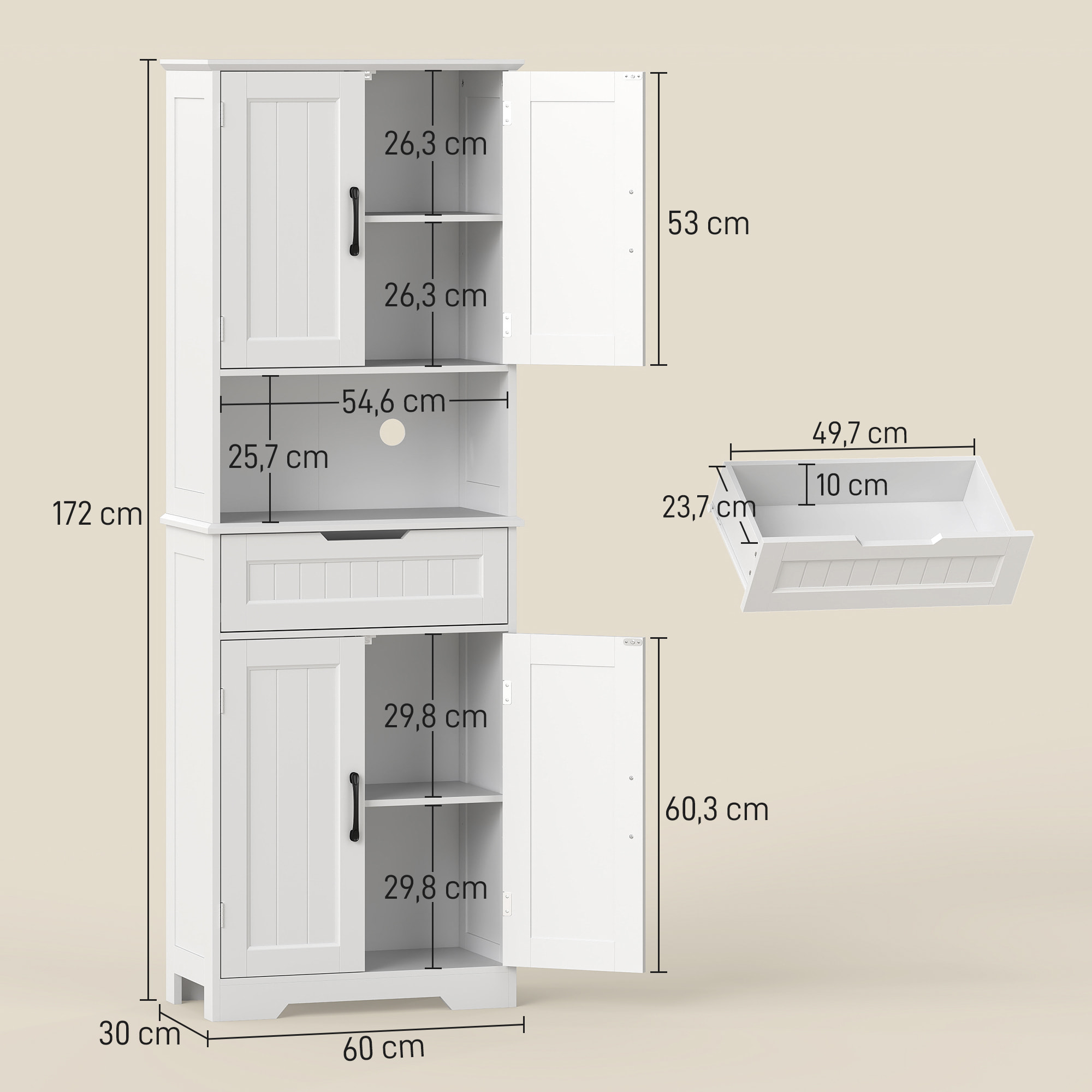 Buffet haut cuisine - 4 portes, 2 étagères, tiroir, grande niche - dim. 60 x 30 x 172 cm - blanc