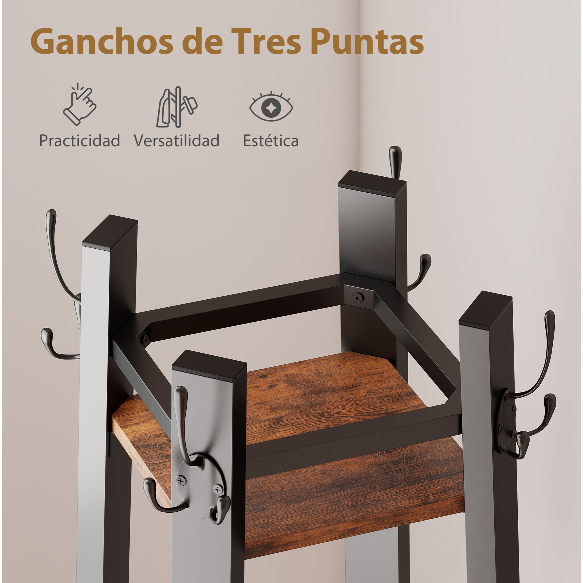 Perchero de Pie de 4 Niveles, con 4 Estantes, 8 Ganchos, Perchero de Entrada Recibidor con Estructura Metálica, para Colgar Ropa, Sombrero, en Pasillo, Sala de Estar, Dormitorio, Marrón Rústico
