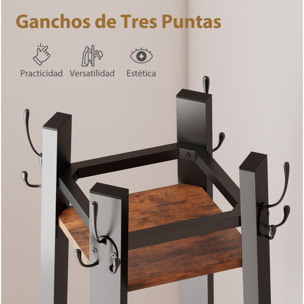 Perchero de Pie de 4 Niveles, con 4 Estantes, 8 Ganchos, Perchero de Entrada Recibidor con Estructura Metálica, para Colgar Ropa, Sombrero, en Pasillo, Sala de Estar, Dormitorio, Marrón Rústico