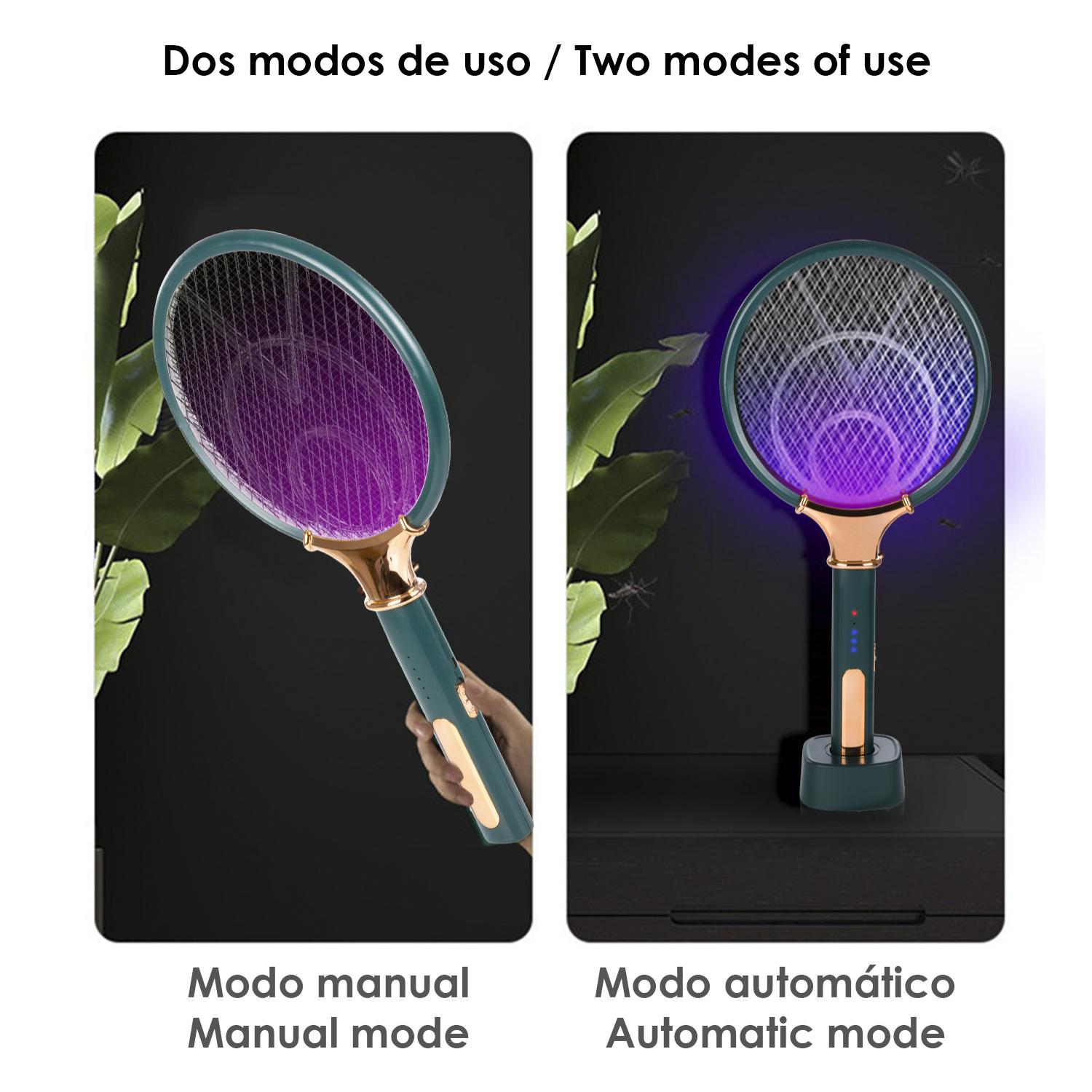 Raqueta eléctrica inteligente mata mosquitos. Batería de litio incorporada. Luz de 360-400 NM. Efectivo contra moscas, mosquitos y polillas.