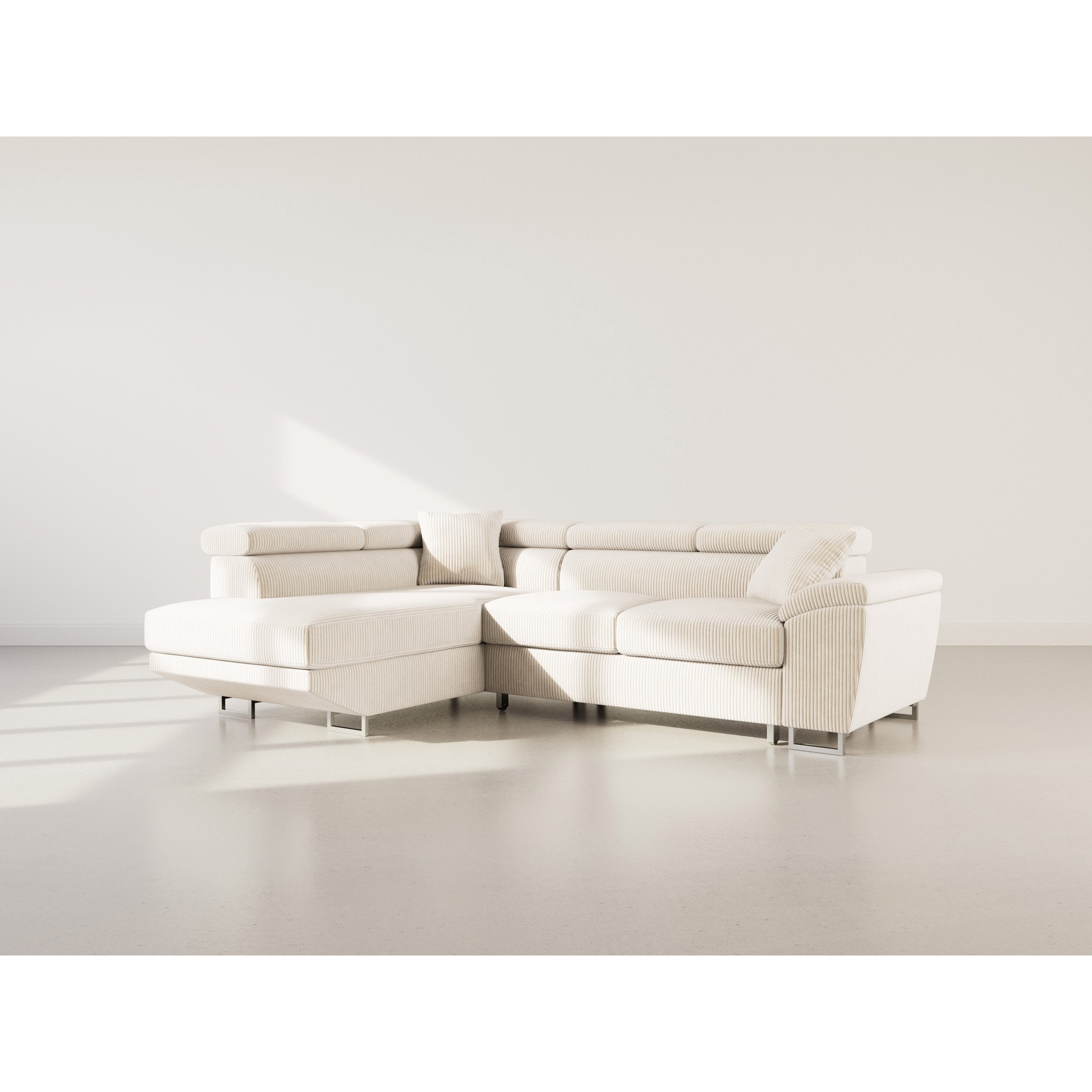 Baoji - Canapé d'angle gauche 5 places convertible avec têtières et coffre en velours côtelé - Beige