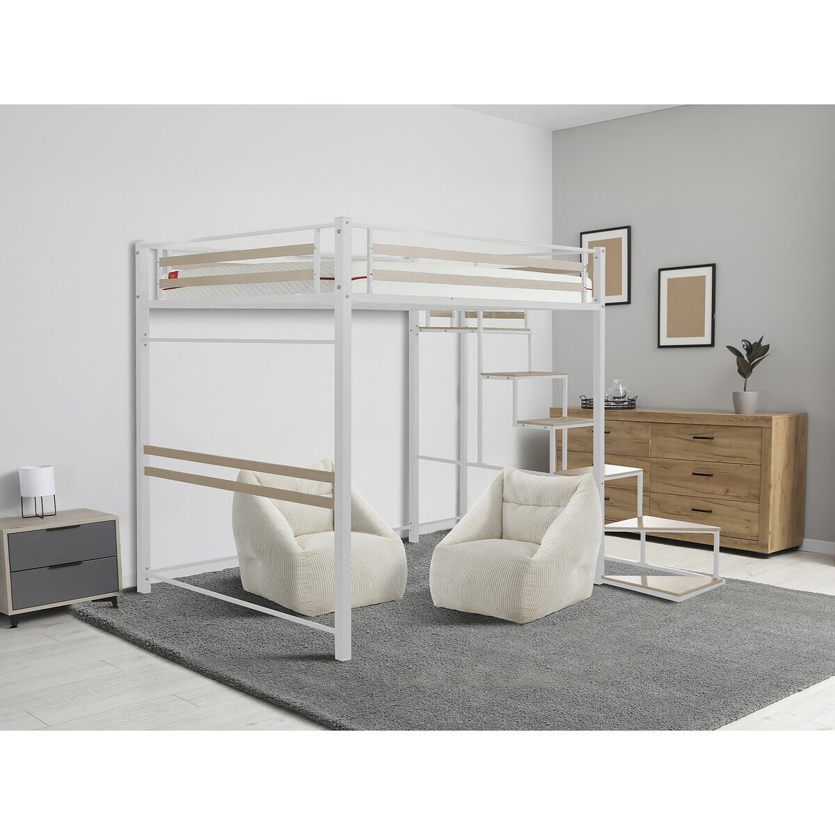 Lit mezzanine en métal avec escalier "LENA" - 140 x 190 cm - Blanc