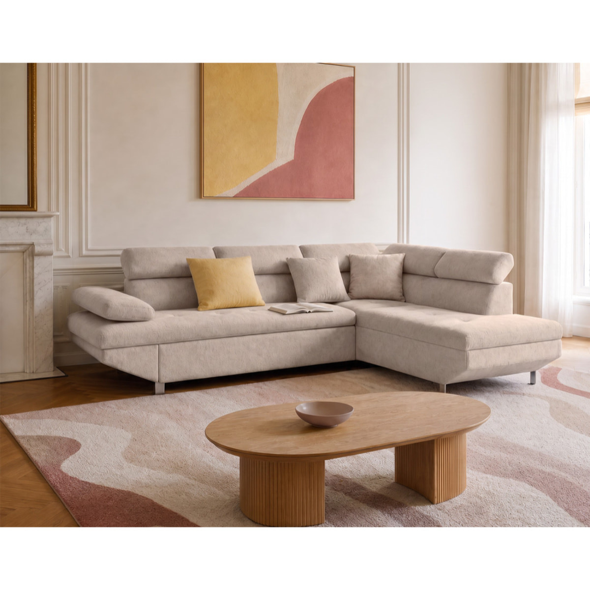 Margaux - Canapé d'angle droit 5 places convertible avec coffre et têtières réglables en velours texturé - Beige