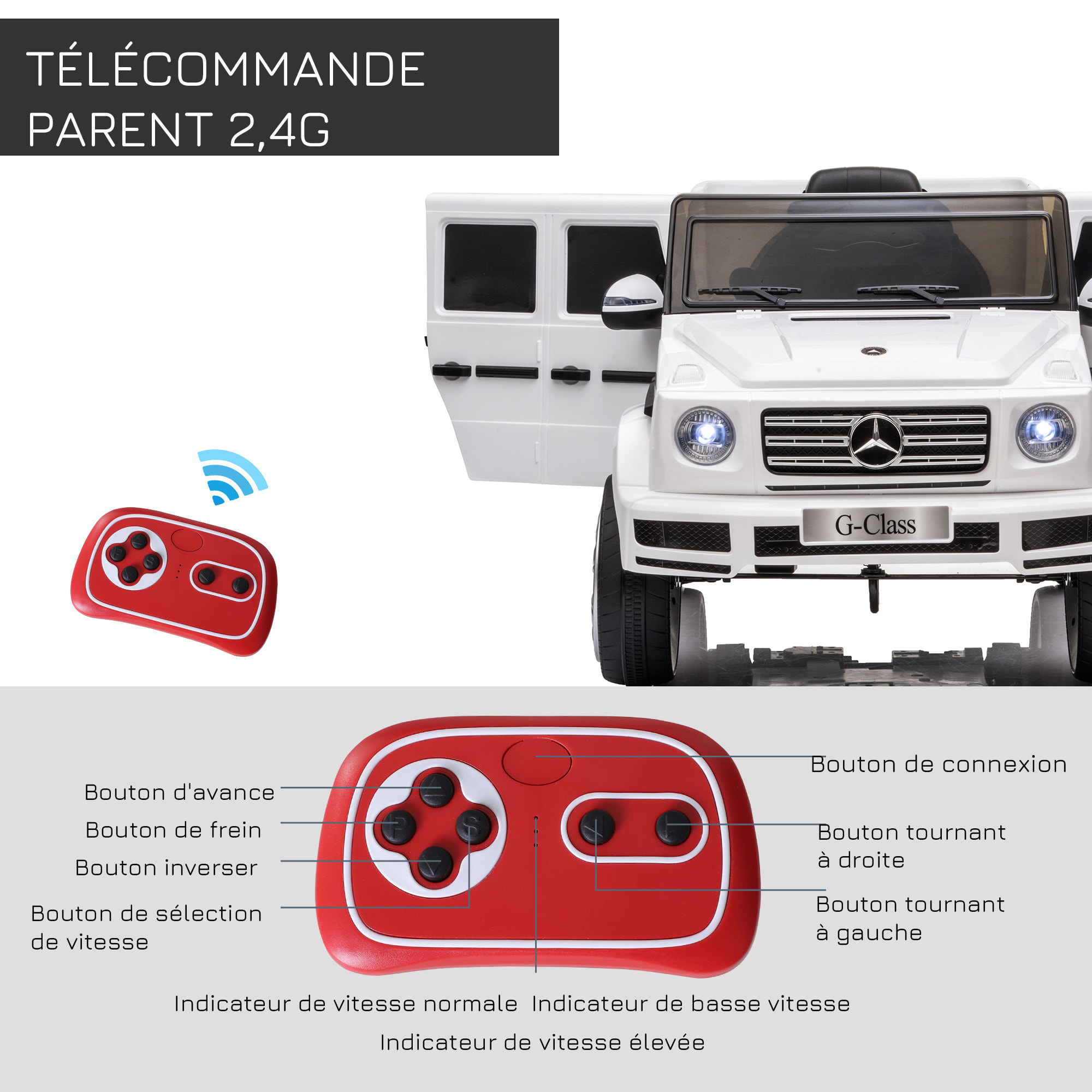 Voiture électrique enfant Mercedes Benz Classe G 12V - V. max. 5Km/h - télécommande, effets sonores, lumineux - blanc