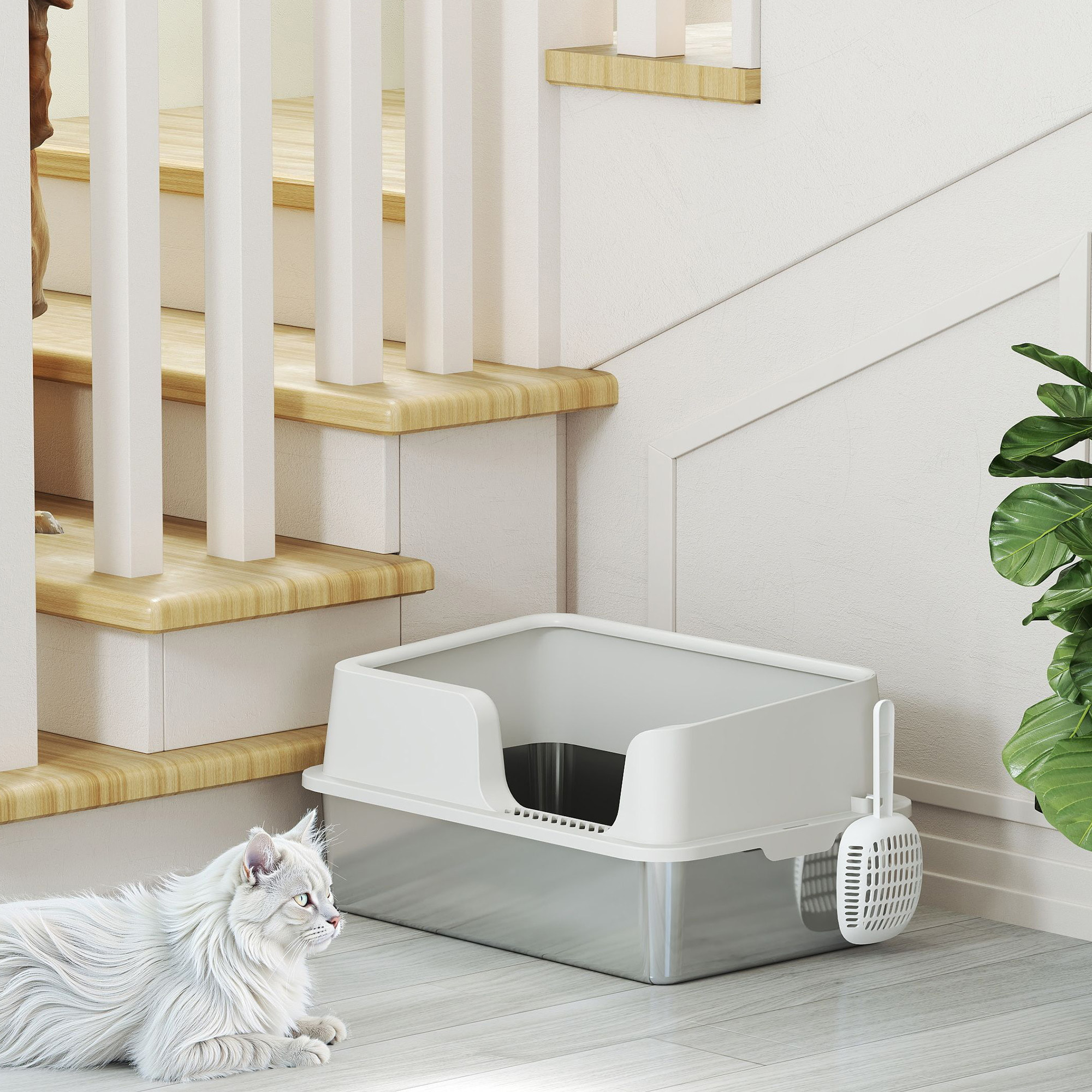 Maison de toilette bac à litière pour chat dim. 60 x 40 x 28 cm acier inox plastique gris clair