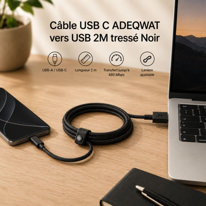 Câble USB C ADEQWAT vers USB 2M tressé Noir compatible iPhone 17 16 15 Pro Max et Samsung Galaxy S25 S24 Ultra