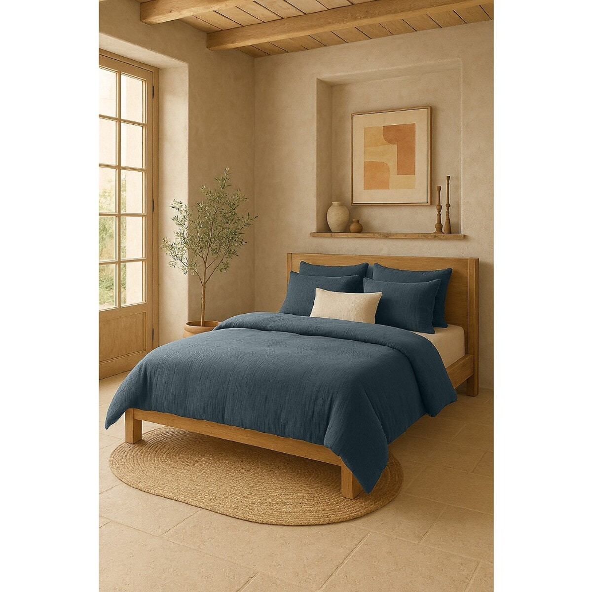 Drap housse gaze de coton lavé bleu petrole