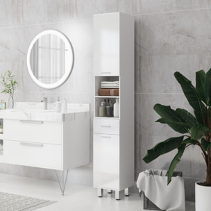 Mueble Auxiliar Baño Moderno Armario de Baño con 1 Cajón 3 Estantes Ajustables y 2 Armarios Mueble Auxiliar de Almacenaje para Salón Dormitorio 30x30x180 cm Blanco Brillante