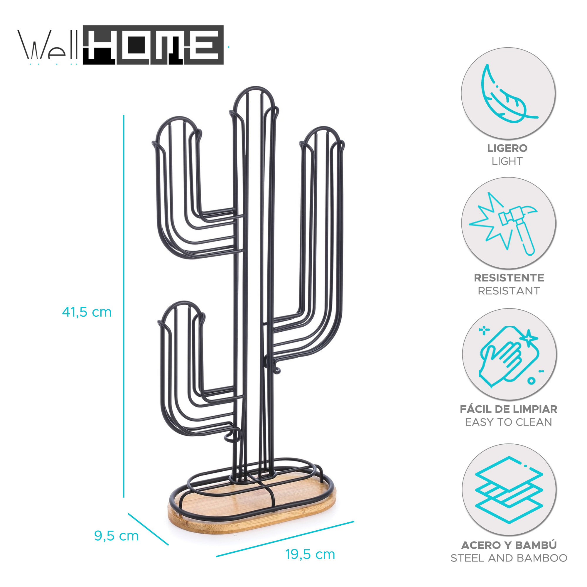 Soporte para cápsulas nespresso para 50 uds - En metal y bambú de color negro con diseño de cactus