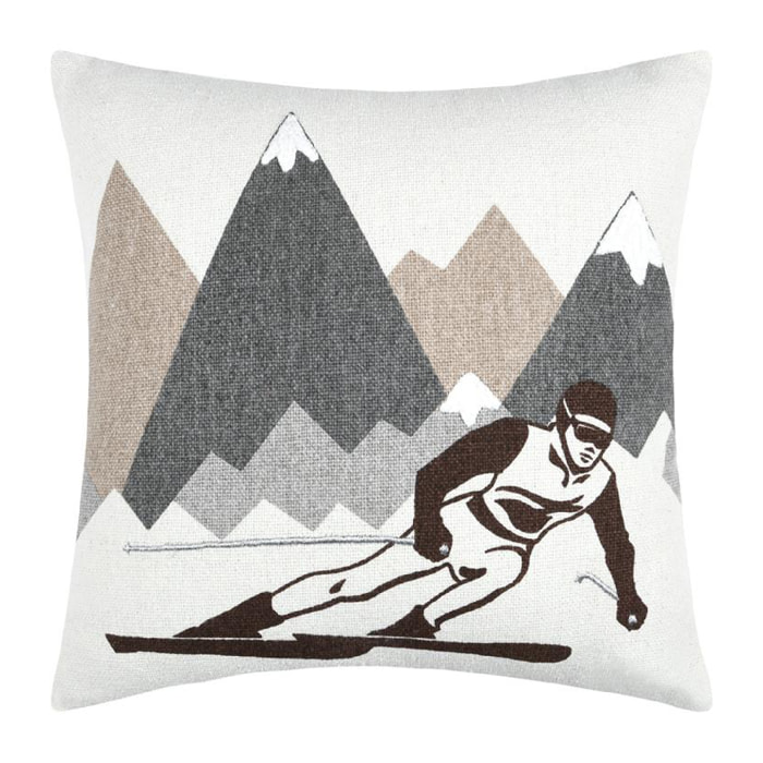 Coussin carré skieur et montagnes - Naturel