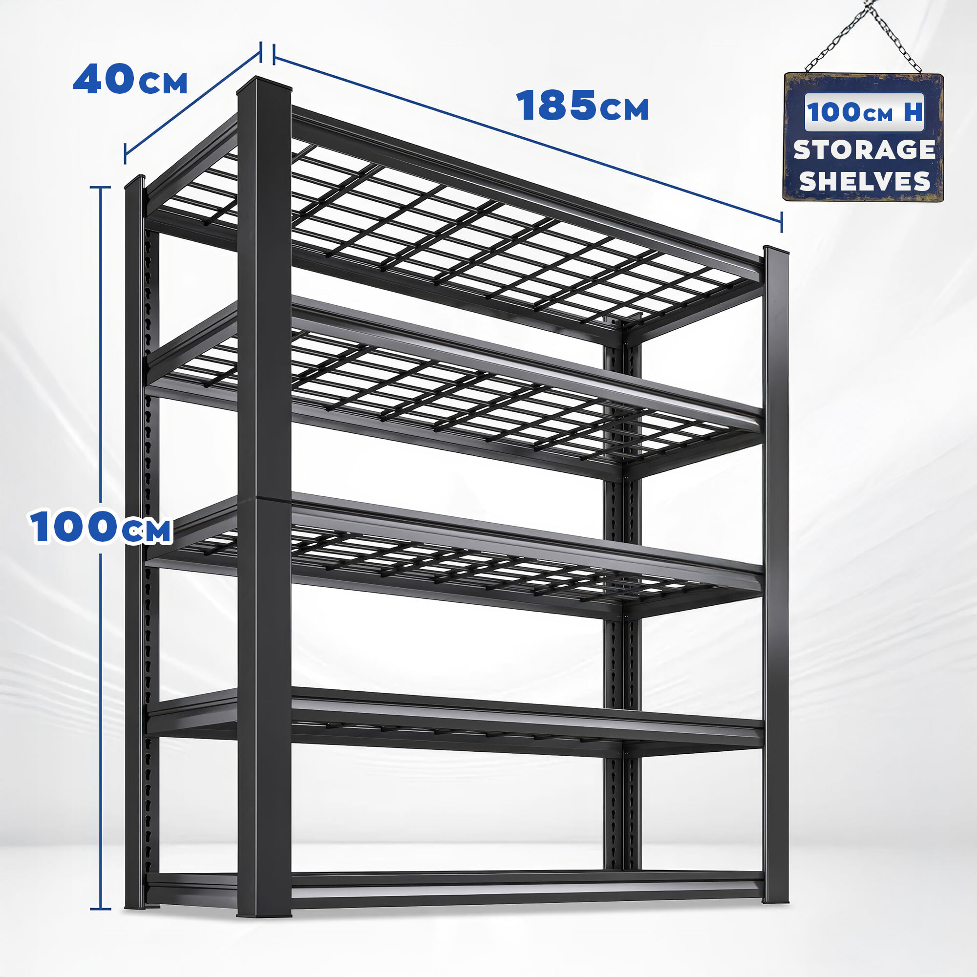 Mesh 185 - Scaffale in Metallo 185x100x40 cm con 5 Ripiani in Reticolato Portata 1365Kg Nero