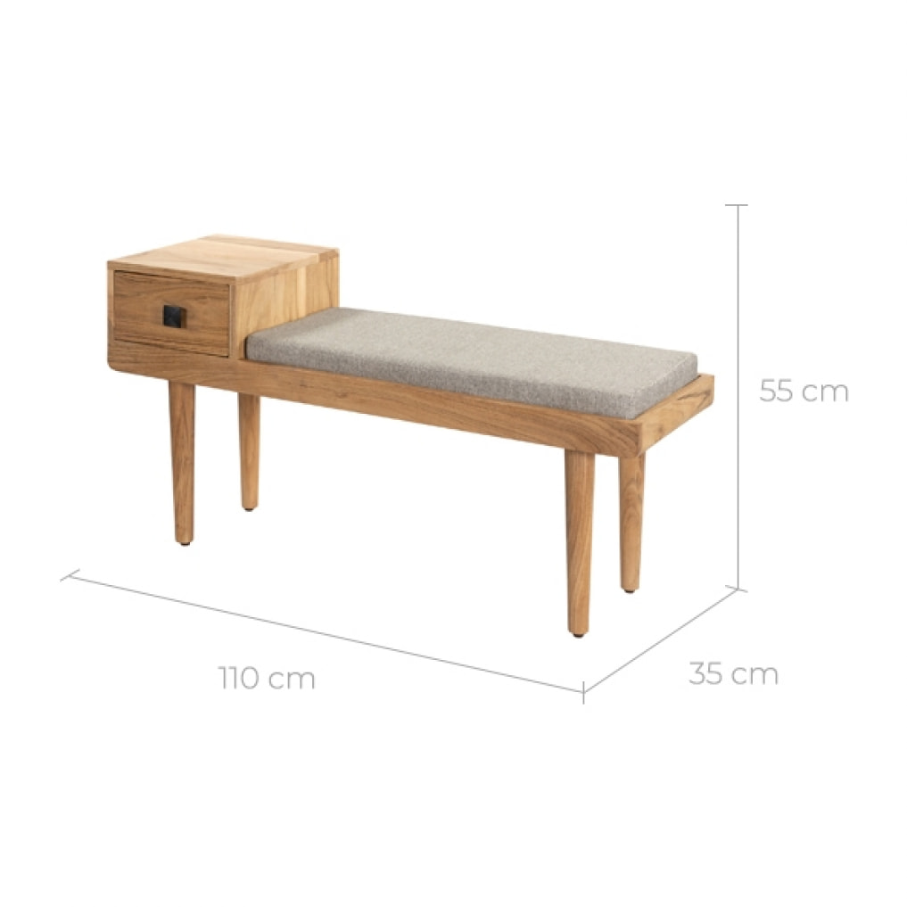 Banquette d'entrée en bois et tissu gris avec tiroir - Berlin