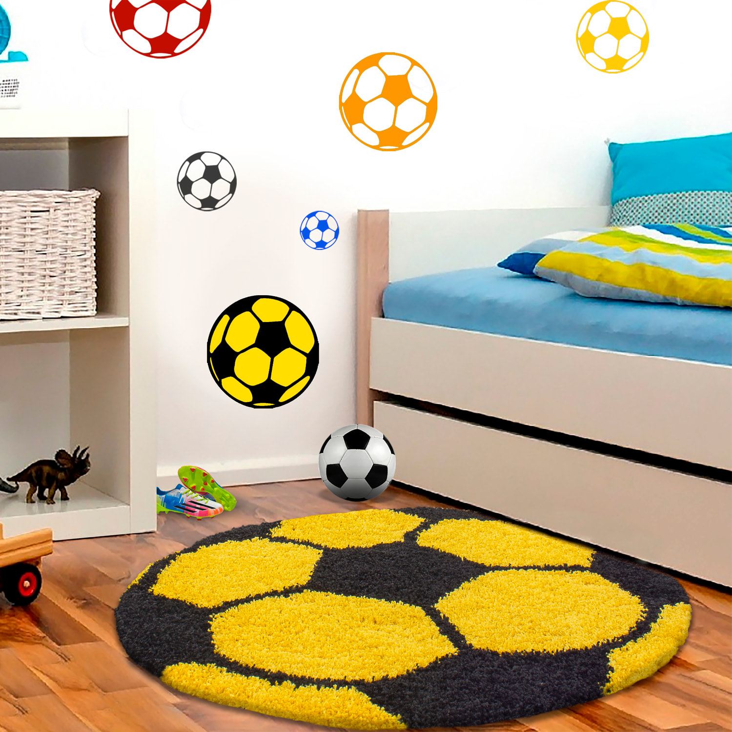 FUN - Tapis enfant shaggy rond à poils long motif ballon de foot jaune