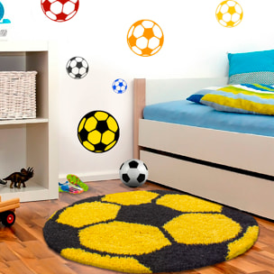 FUN - Tapis enfant shaggy rond à poils long motif ballon de foot jaune