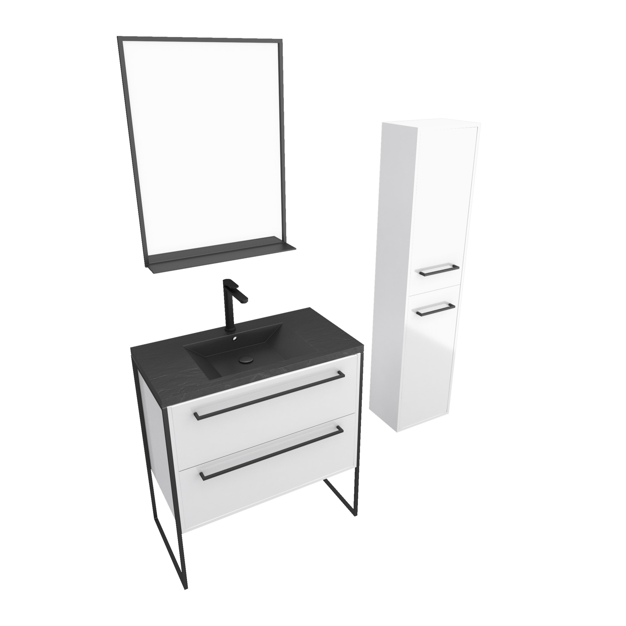 Meuble de salle de bain 80x50 cm - 2 tiroirs blanc - vasque resine noir effet pierre + colonne