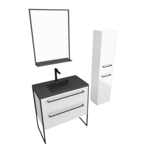 Meuble de salle de bain 80x50 cm - 2 tiroirs blanc - vasque resine noir effet pierre + colonne
