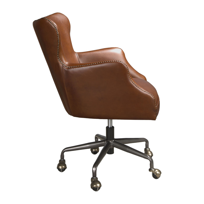 Sillón giratorio con asiento y respaldo tapizado en piel de origen vacuno en marrón oscuro patas en acero inoxidable oscurecido 64x74x90cm