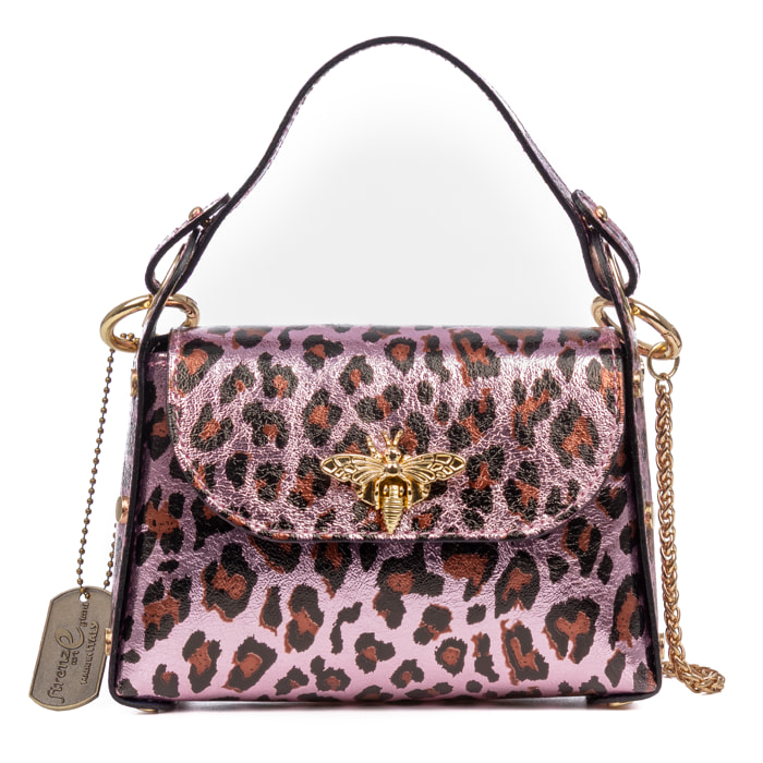 Aquileia bolso de mano mujer. Piel auténtica Gamuza con estampado animal print leopardo lacada brillante.