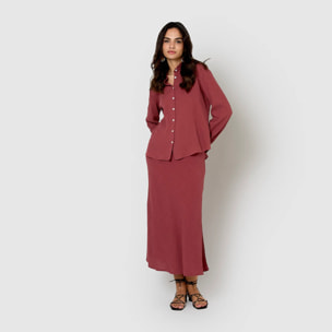 Falda midi evasé algodón lino malva/rosa